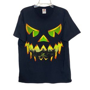 Halloween T-shirt Mean Green Pumpkin Face Scary Road Haunted House Bats Size L